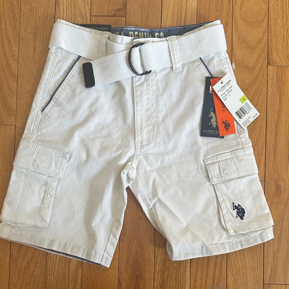 Boys U.S. Polo Assn. Cream Cargo Shorts with Woven Belt